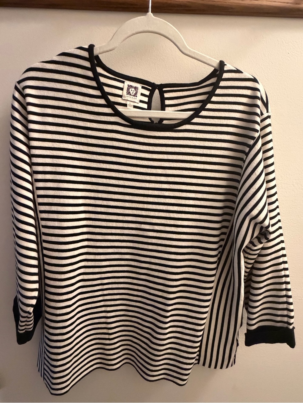 Anne Klein Black and White Striped Long Sleeve Tee with Contrast Trim